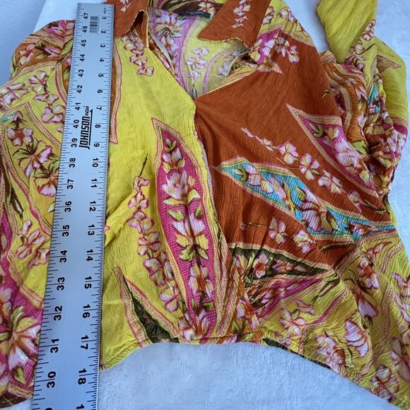 Haute Hippie Womens Floral Collared V-Neck Wrap Blouse Yellow Long Sleeve Boho - Picture 6 of 8